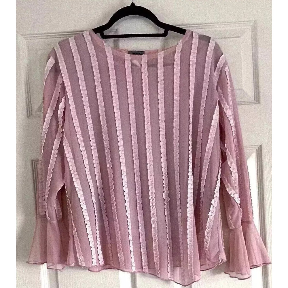 Damee Inc Sheer Long Sleeve Sheer Top Vertical Ruffles Asymmetrical Hem Large